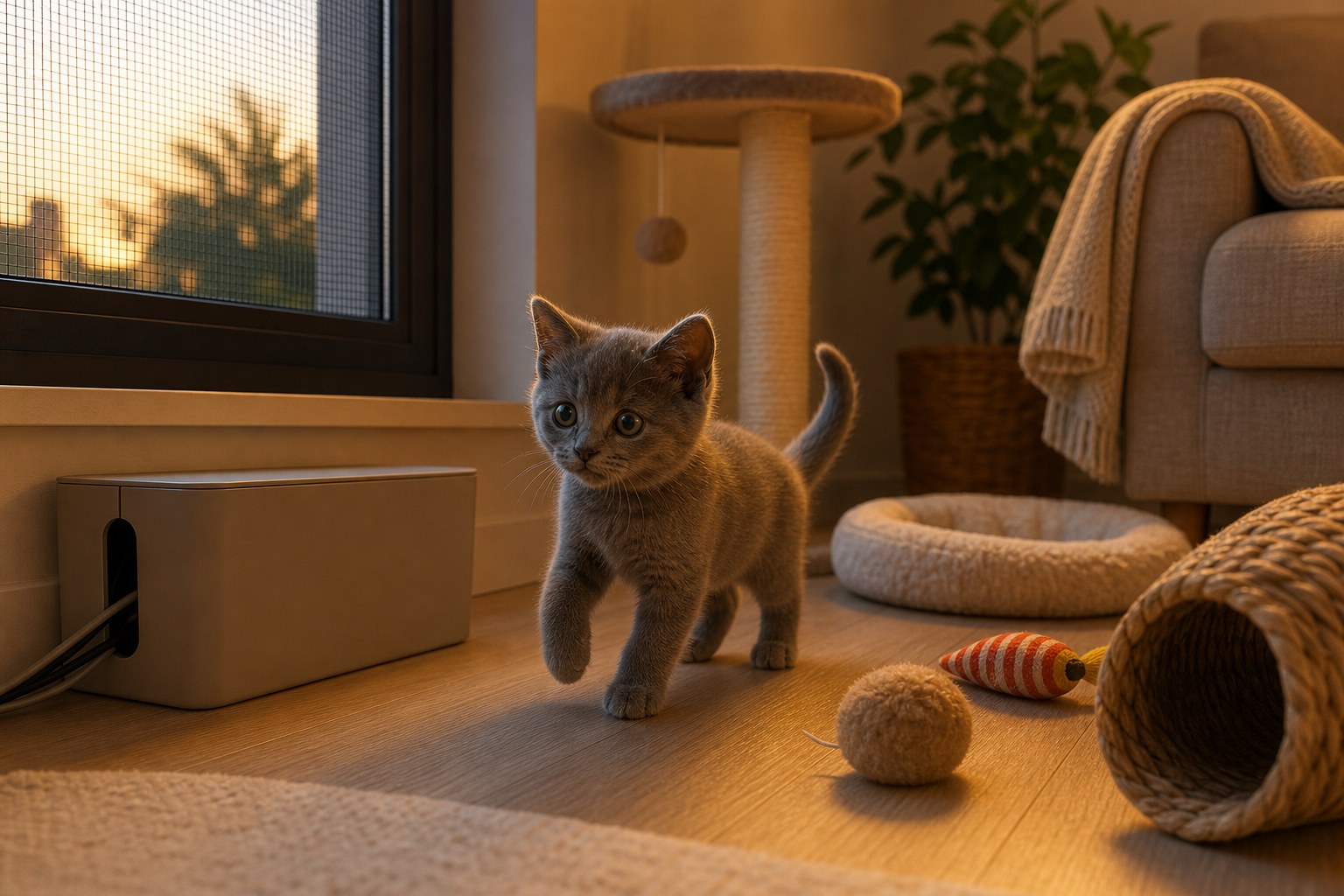 Котёнок исследует безопасную комнату: спрятанные провода, москитная сетка на окне и когтеточка