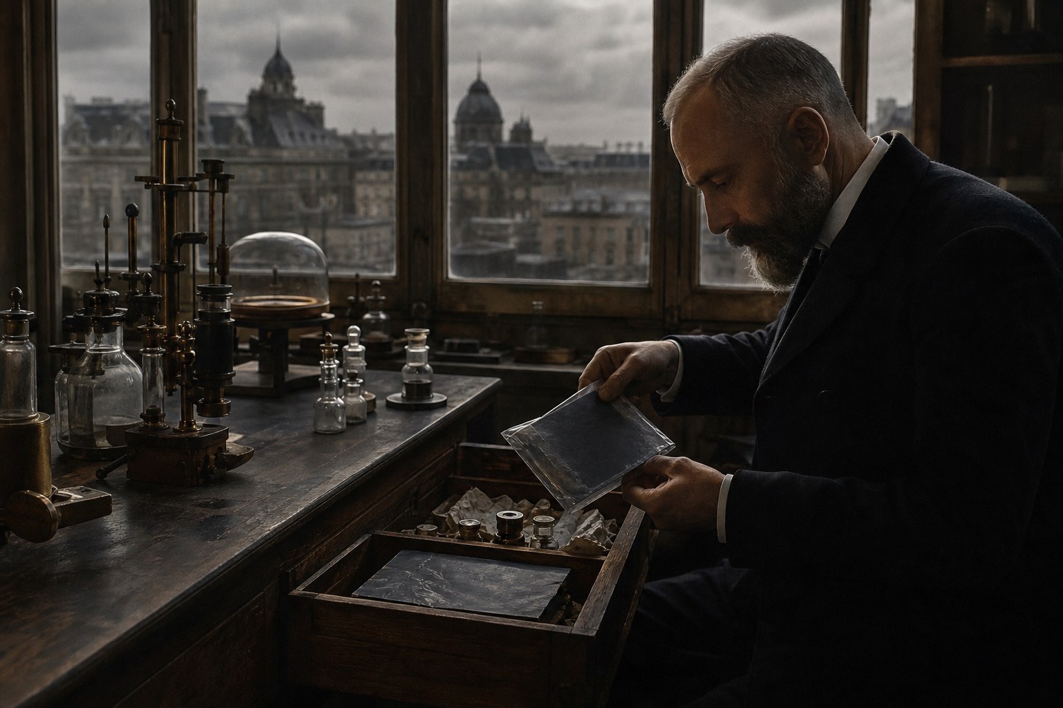Радиоактивность 1896: Беккерель уран фотопластинка — черная бумага пасмурно
