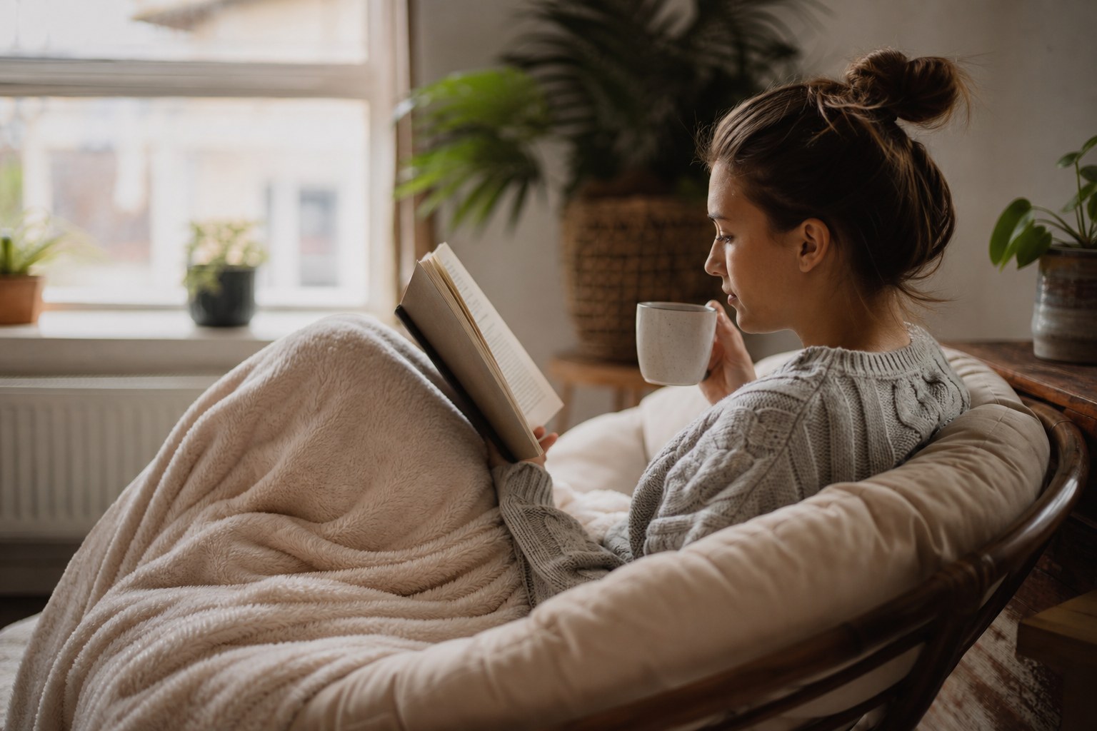 Женщина отдыхает одна с книгой и чаем, забота о себе, уют